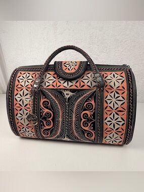 Banda Bags Embroidered Barrel Handbag Black Rose Gold Artisan Boho Weekend Tote